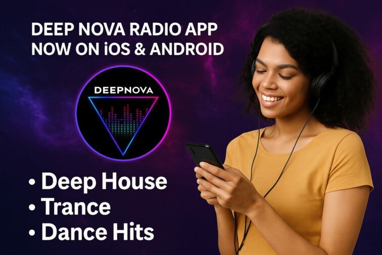 Happy woman listening to DeepNova Radio app on her phone. Deep House, Trance, and Dance Hits.
