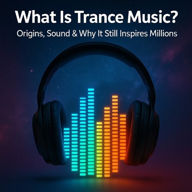 Headphones with colorful equalizer and text "What Is Trance Music?