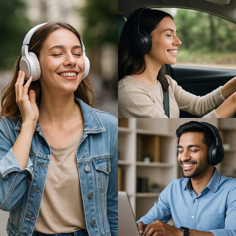 Collage of people enjoying music with headphones: woman walking, woman driving, man working.