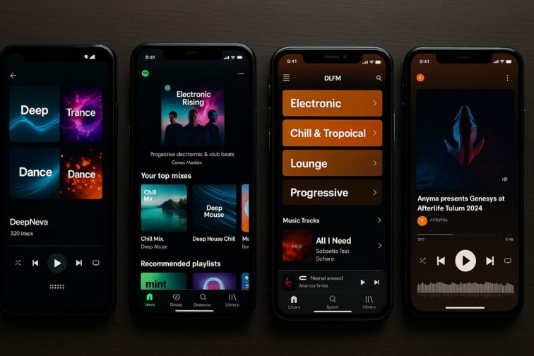 Spotify app screens showcasing electronic music playlists like Deep Trance, Electronic Rising, and Chill & Tropical.
