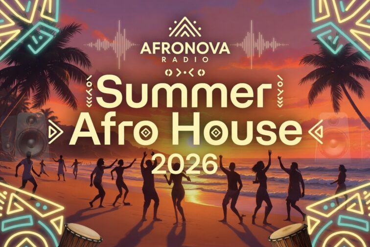 AFRONOVA RADIO Summer Afro House 2026 event poster with people dancing on a beach at sunset.
